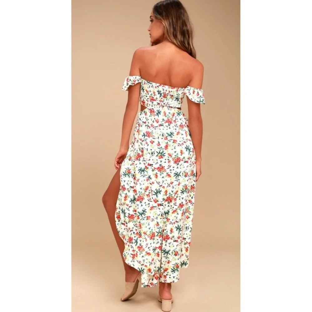 Lulus Lush Off Shoulder Floral Maxi Sundress Button Smocked Cut-Out Size M - Picture 3 of 9